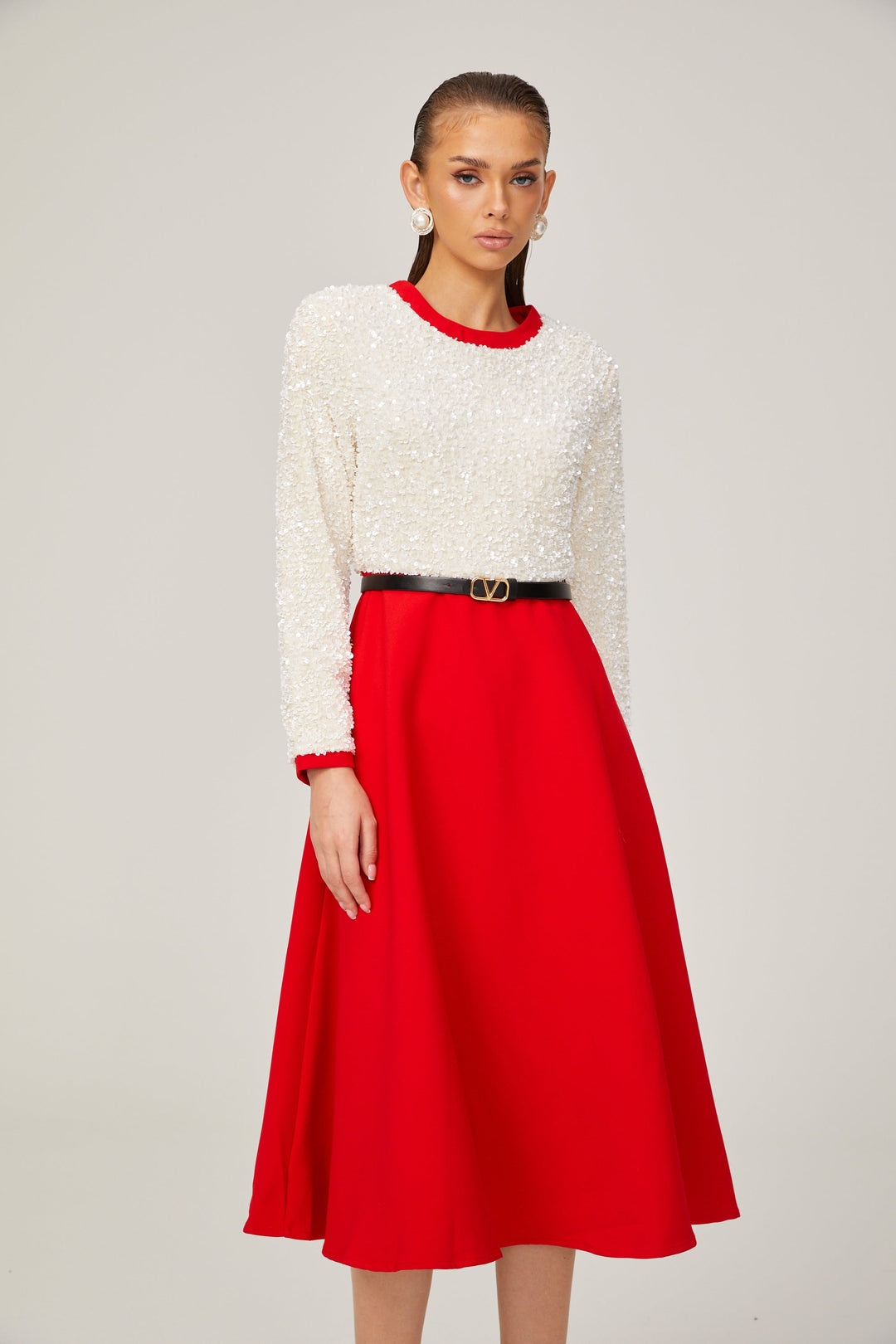Levoire | Chloé Rouge Manches Longues Paillettes Patchwork Midi Robe