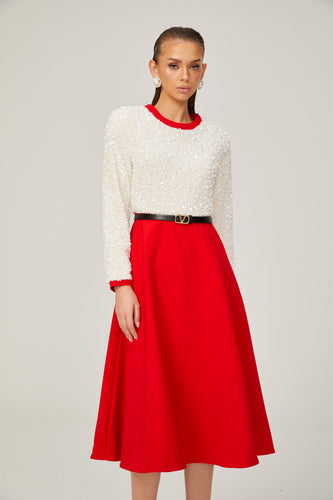 Levoire | Chloé Rouge Manches Longues Paillettes Patchwork Midi Robe
