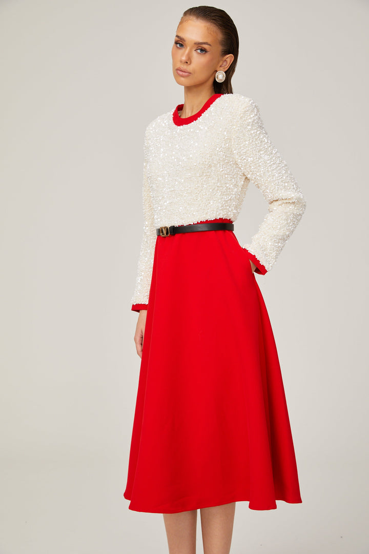 Levoire | Chloé Rouge Manches Longues Paillettes Patchwork Midi Robe