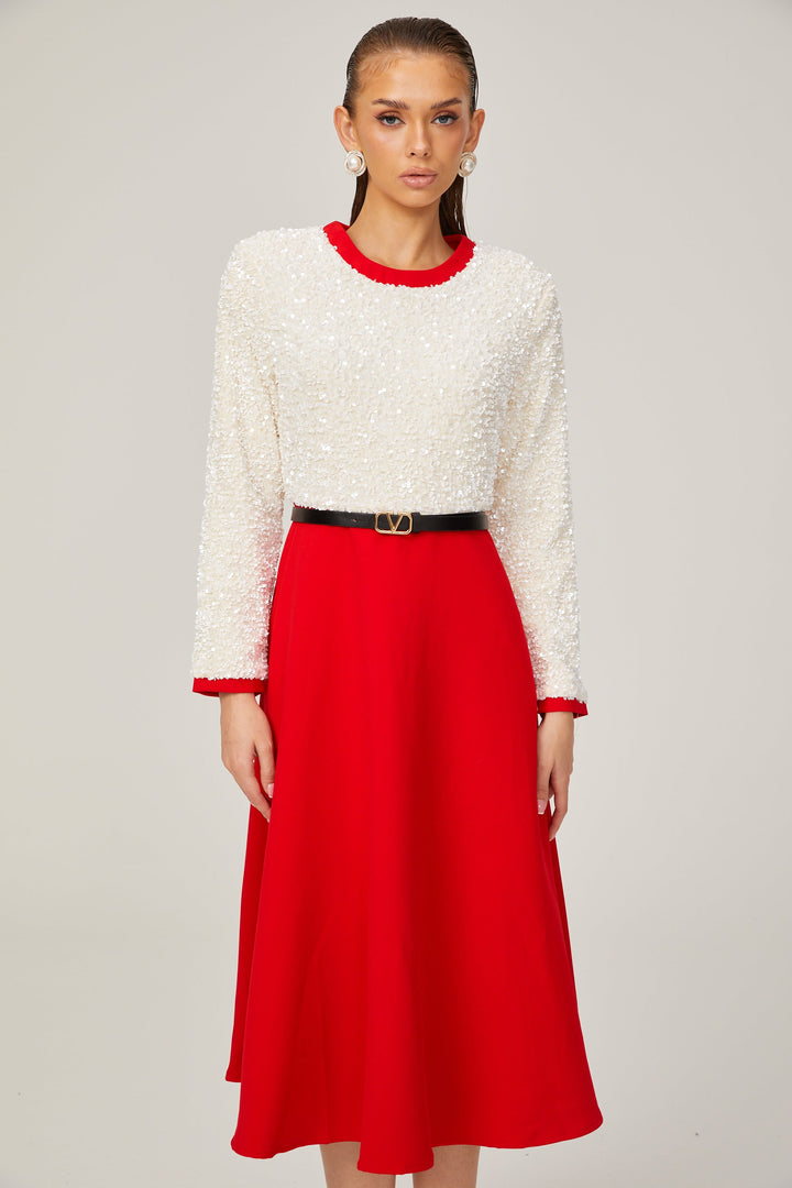 Levoire | Chloé Rouge Manches Longues Paillettes Patchwork Midi Robe