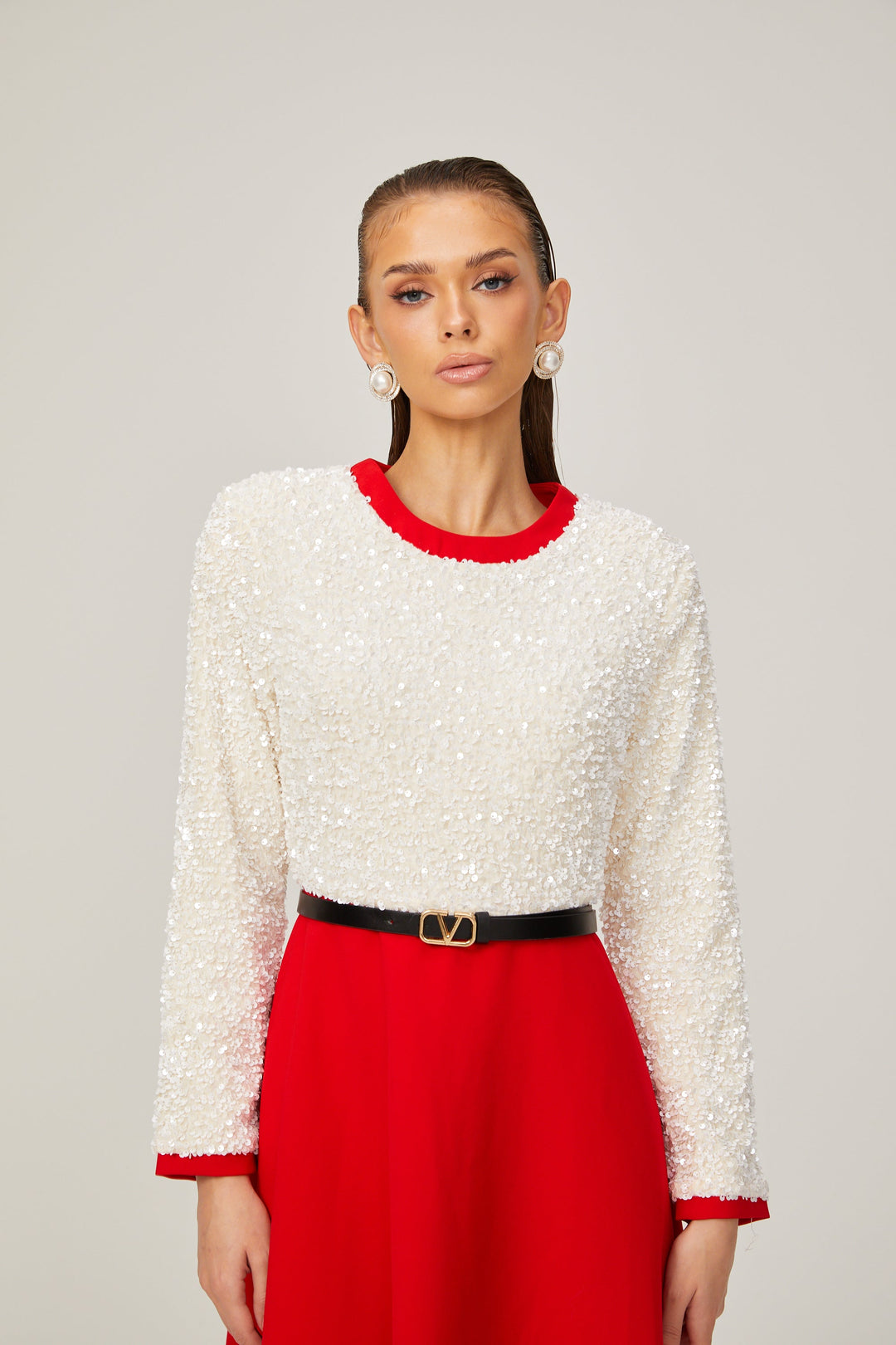 Levoire | Chloé Rouge Manches Longues Paillettes Patchwork Midi Robe