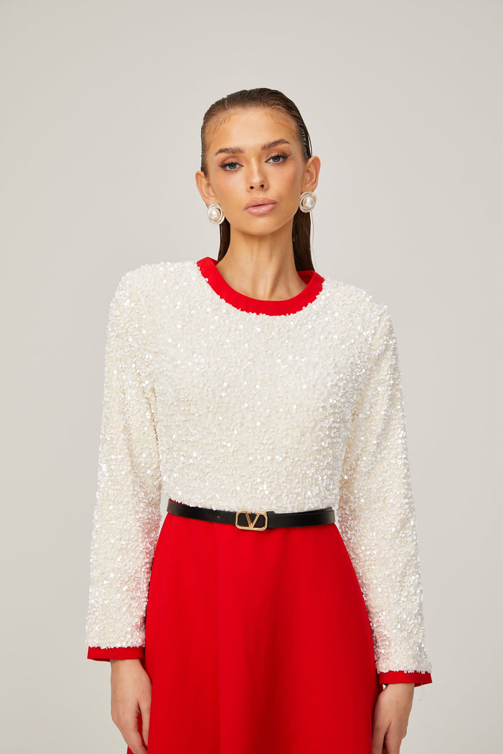 Levoire | Chloé Rouge Manches Longues Paillettes Patchwork Midi Robe