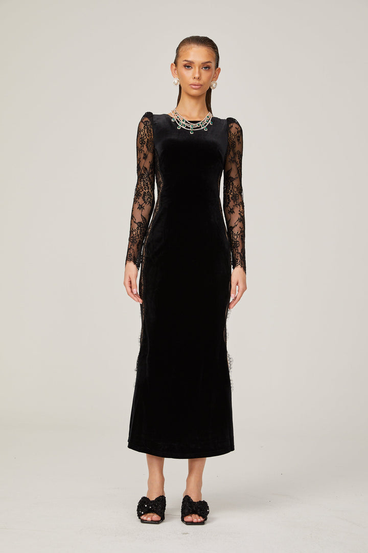 Levoire | Noir Panneau En Dentelle Dos Ouvert Velours Midi Robe