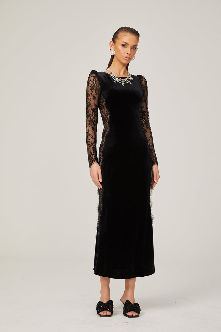 Levoire | Noir Panneau En Dentelle Dos Ouvert Velours Midi Robe