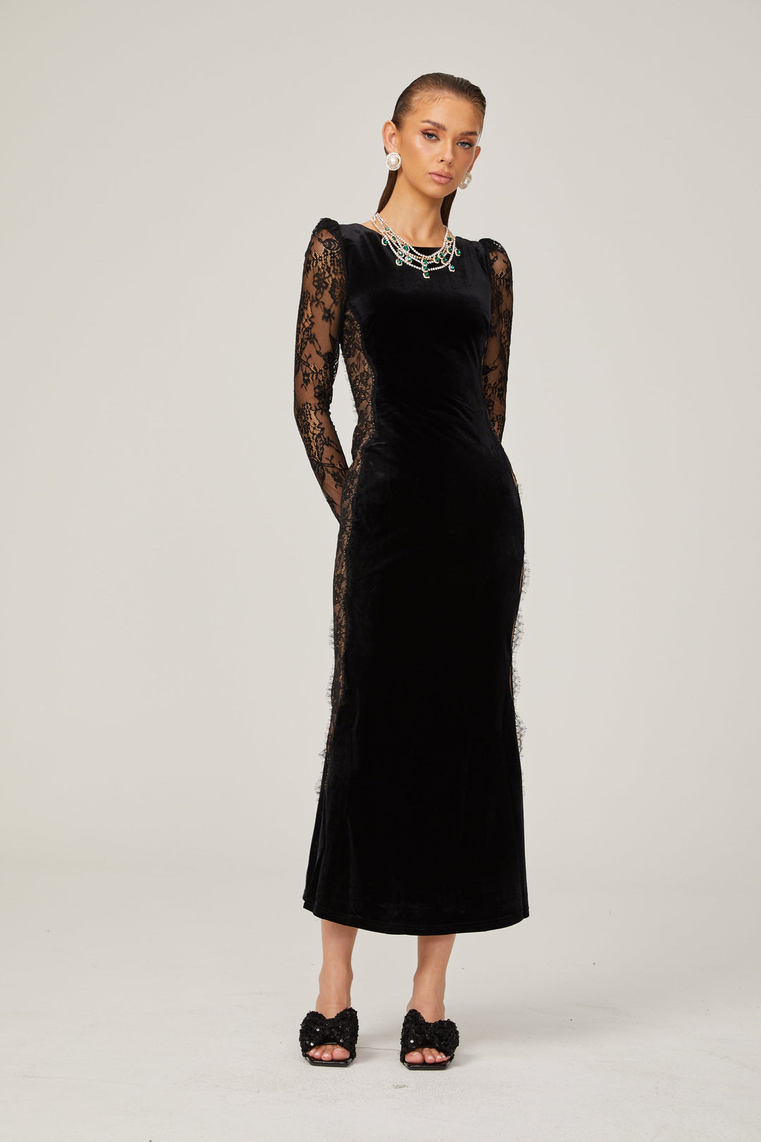 Levoire | Noir Panneau En Dentelle Dos Ouvert Velours Midi Robe