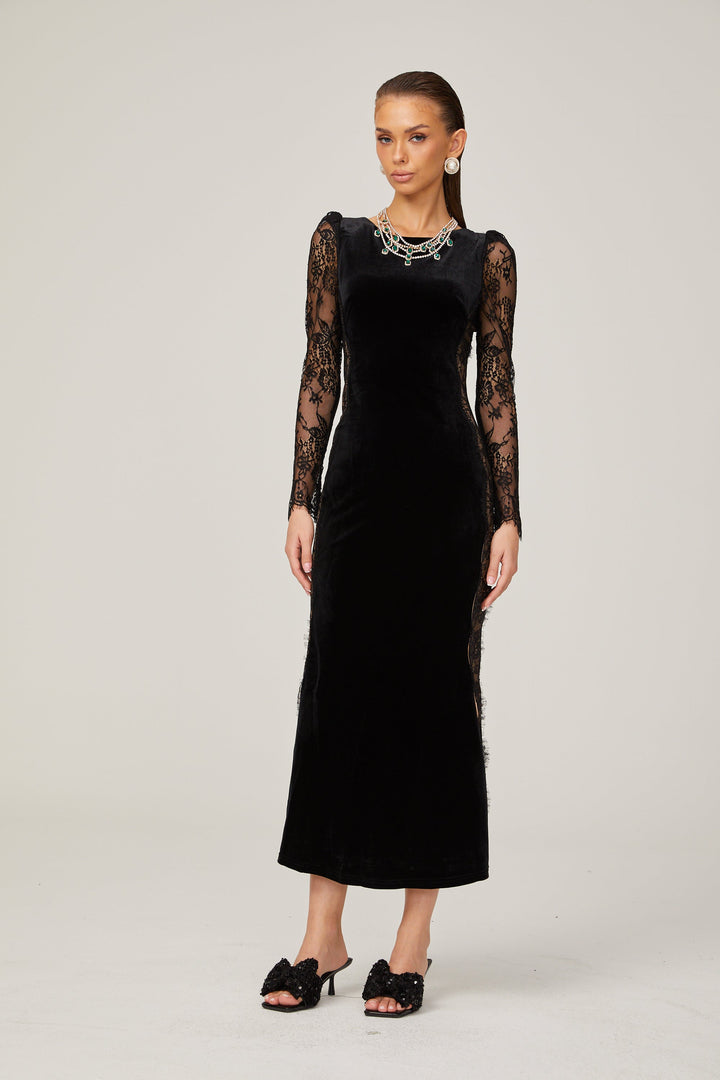 Levoire | Noir Panneau En Dentelle Dos Ouvert Velours Midi Robe