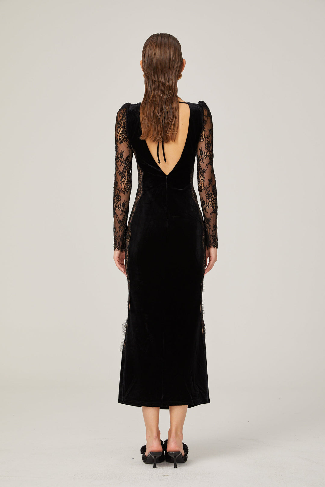 Levoire | Noir Panneau En Dentelle Dos Ouvert Velours Midi Robe