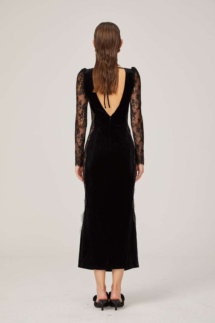 Levoire | Noir Panneau En Dentelle Dos Ouvert Velours Midi Robe