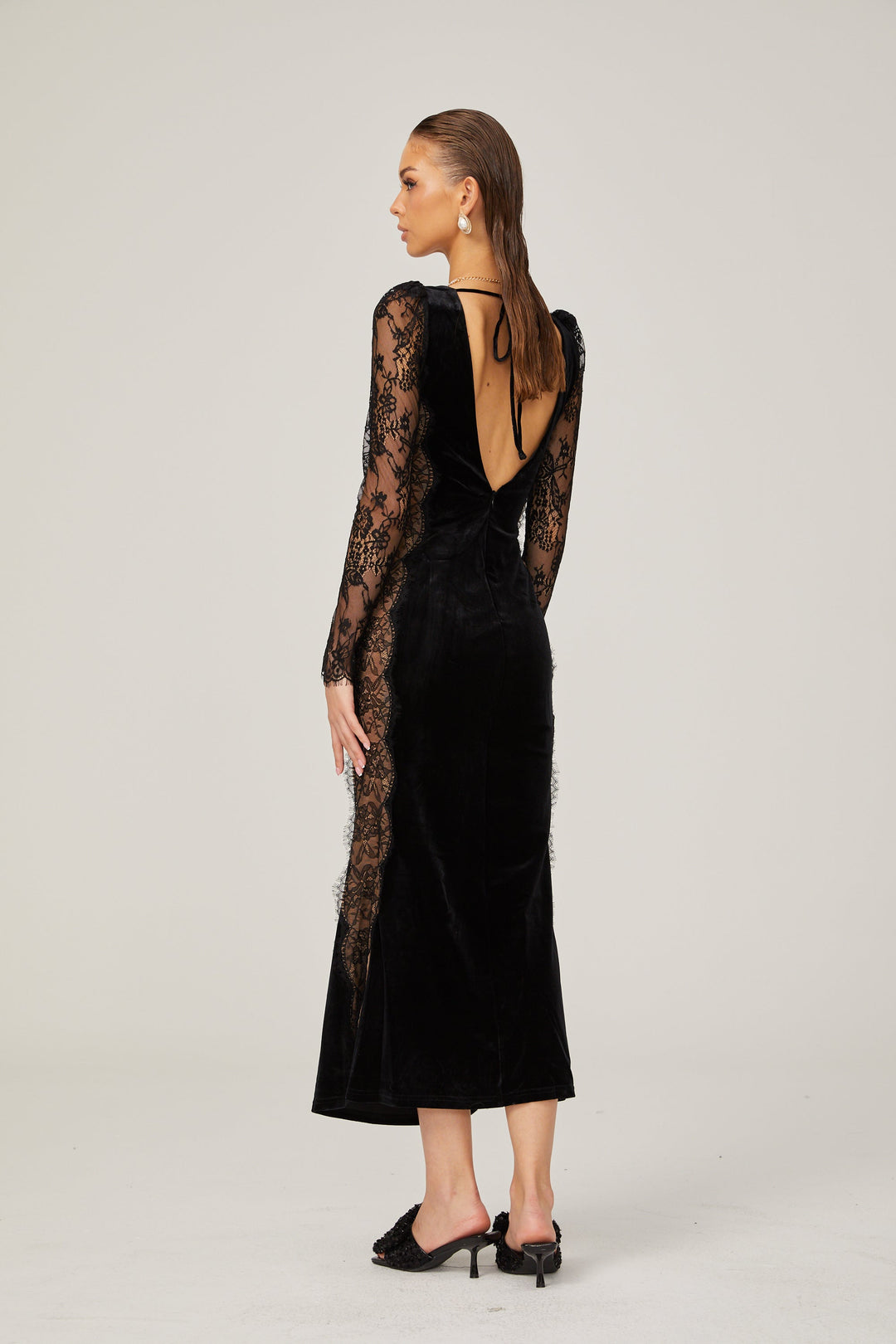 Levoire | Noir Panneau En Dentelle Dos Ouvert Velours Midi Robe