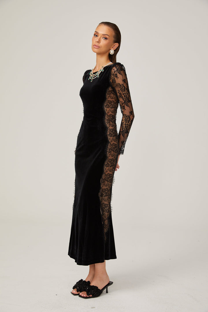 Levoire | Noir Panneau En Dentelle Dos Ouvert Velours Midi Robe