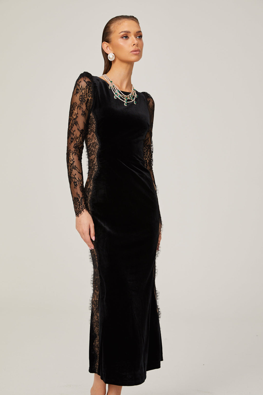 Levoire | Noir Panneau En Dentelle Dos Ouvert Velours Midi Robe