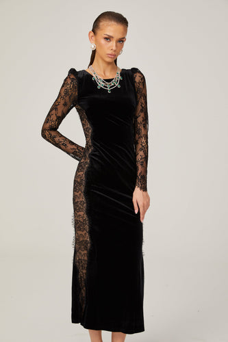Levoire | Noir Panneau En Dentelle Dos Ouvert Velours Midi Robe