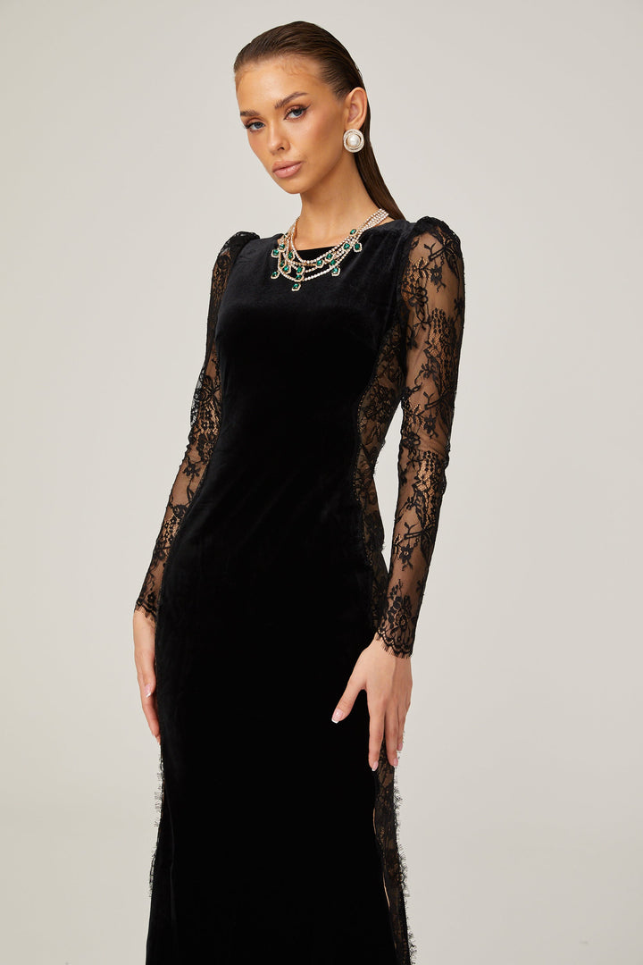 Levoire | Noir Panneau En Dentelle Dos Ouvert Velours Midi Robe