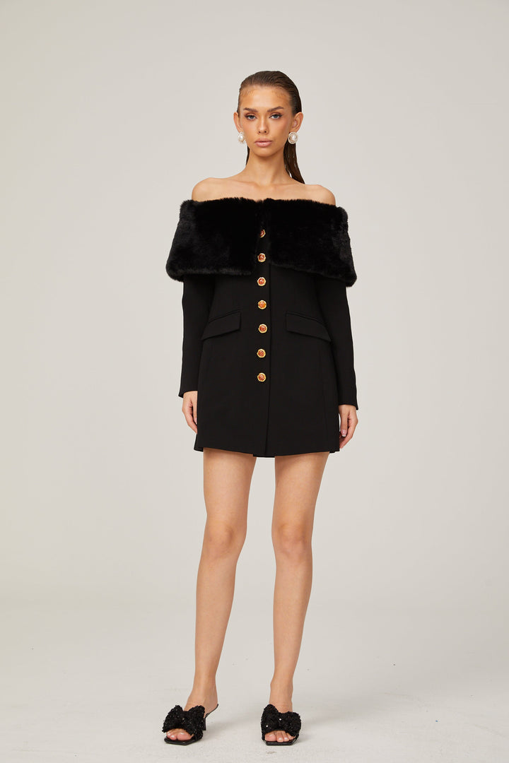 Levoire | Robe Mini Noire Off Shoulder Avec Fausse Fourrure