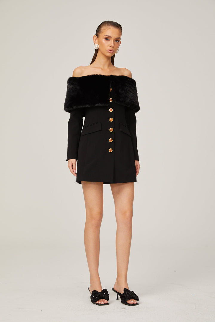 Levoire | Robe Mini Noire Off Shoulder Avec Fausse Fourrure