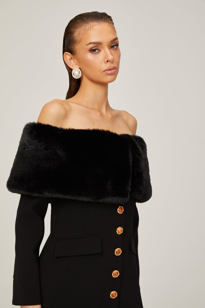 Levoire | Robe Mini Noire Off Shoulder Avec Fausse Fourrure