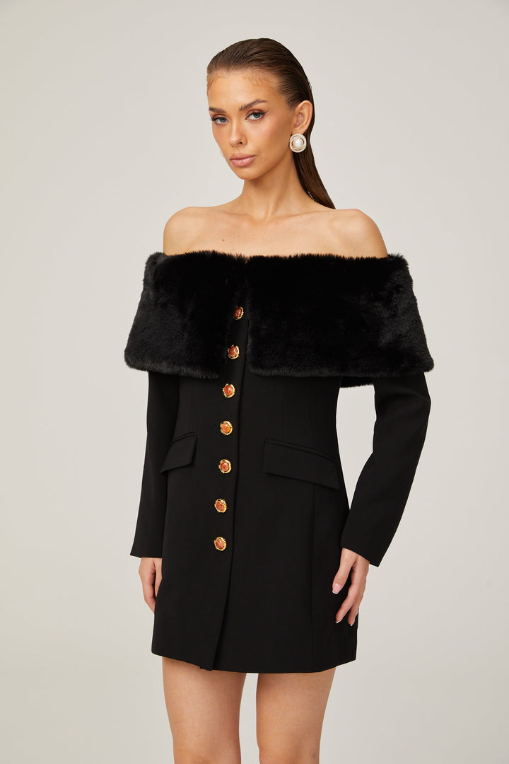 Levoire | Robe Mini Noire Off Shoulder Avec Fausse Fourrure
