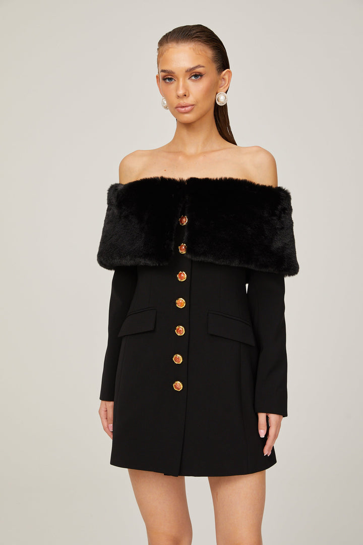 Levoire | Robe Mini Noire Off Shoulder Avec Fausse Fourrure