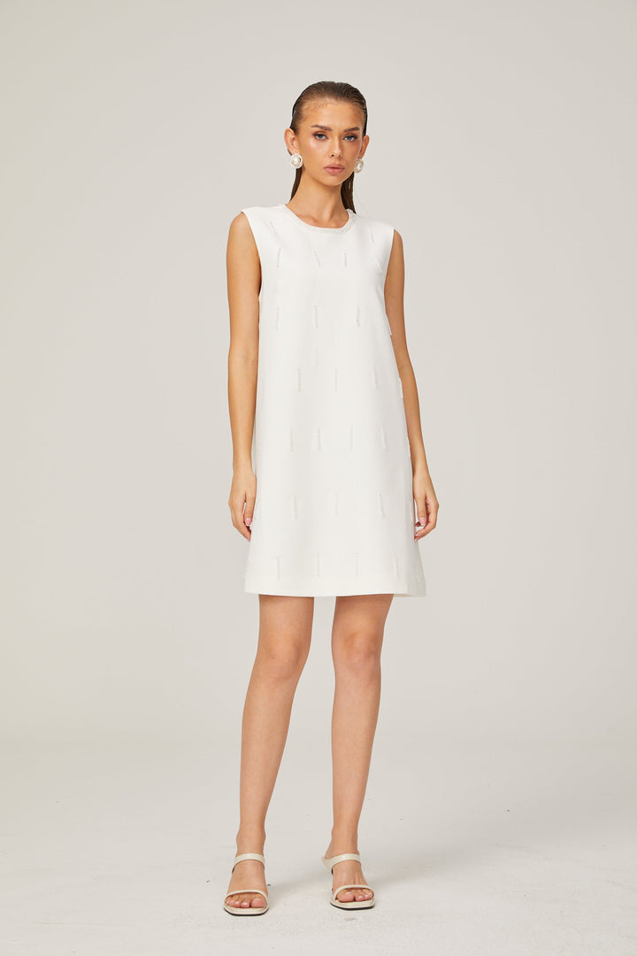 Levoire | A-Ligne Sans Manches Robe Mini En Tweed Perlée Blanche