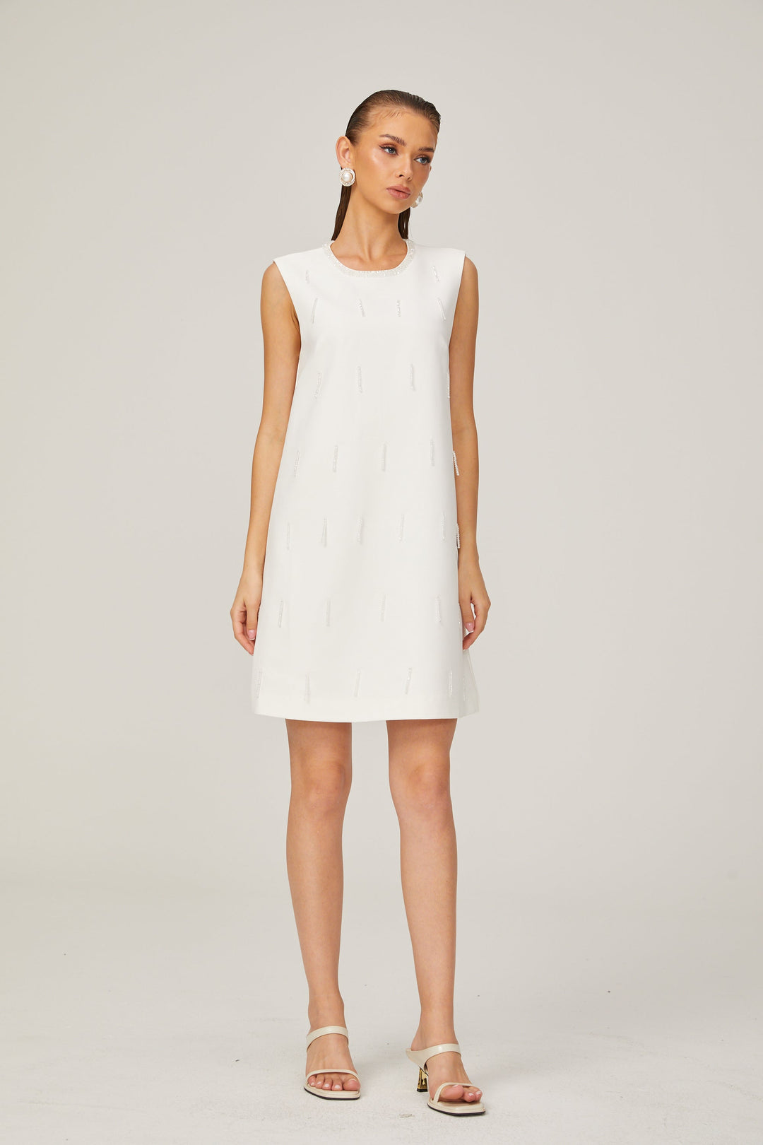 Levoire | A-Ligne Sans Manches Robe Mini En Tweed Perlée Blanche