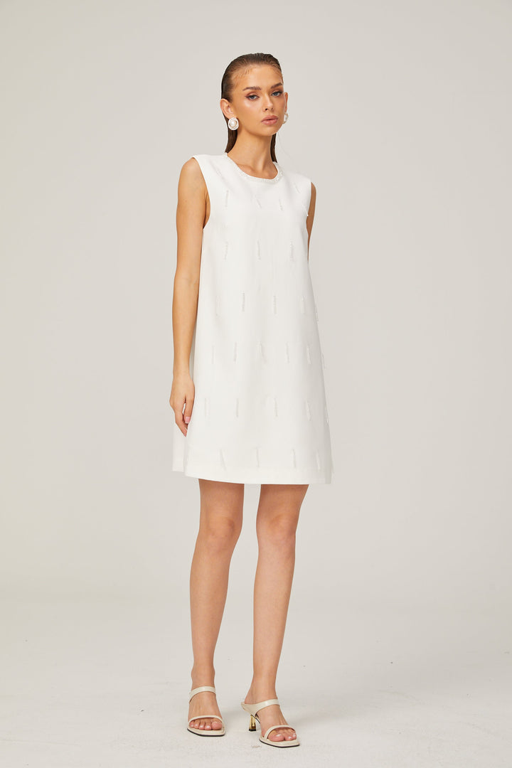 Levoire | A-Ligne Sans Manches Robe Mini En Tweed Perlée Blanche