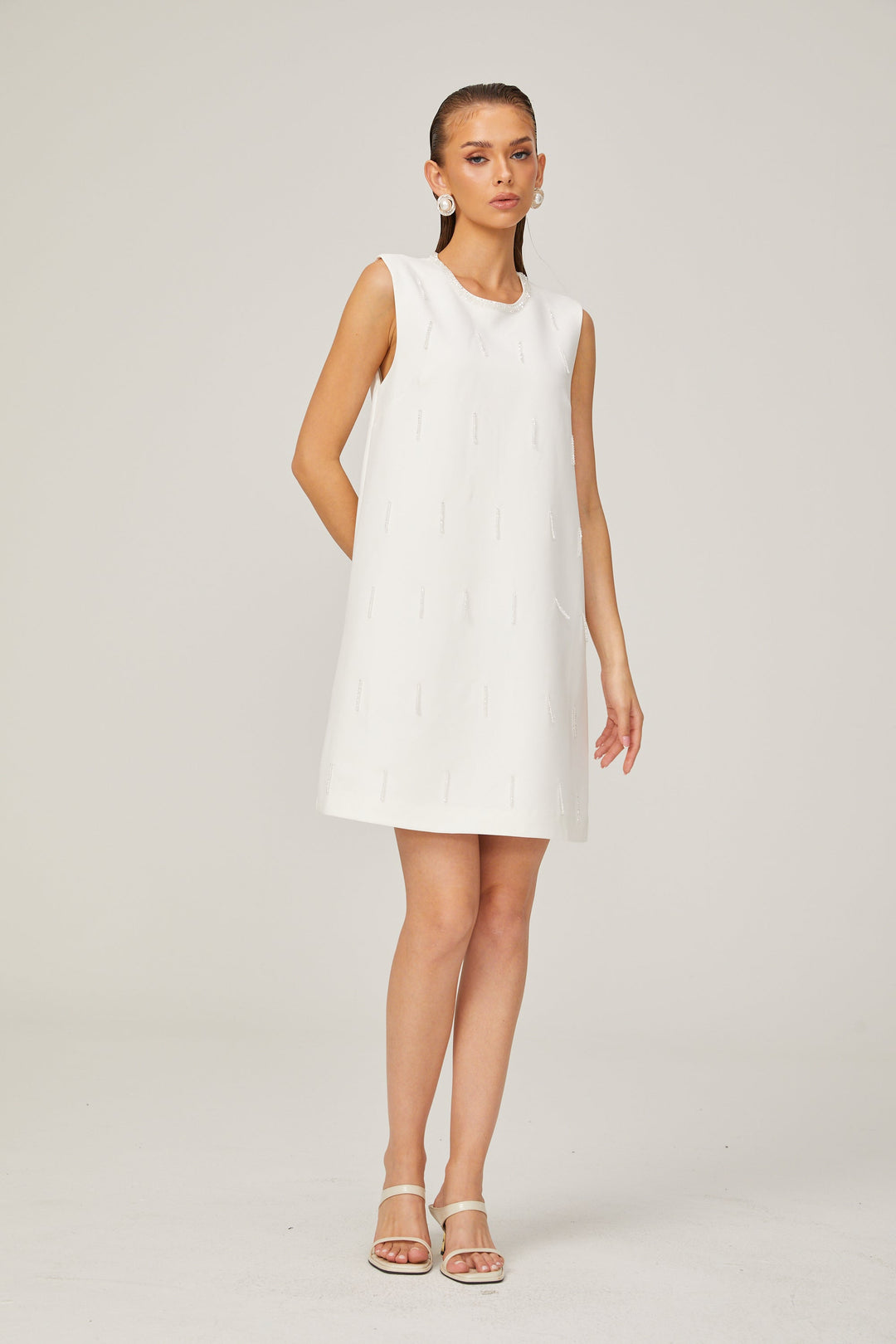Levoire | A-Ligne Sans Manches Robe Mini En Tweed Perlée Blanche
