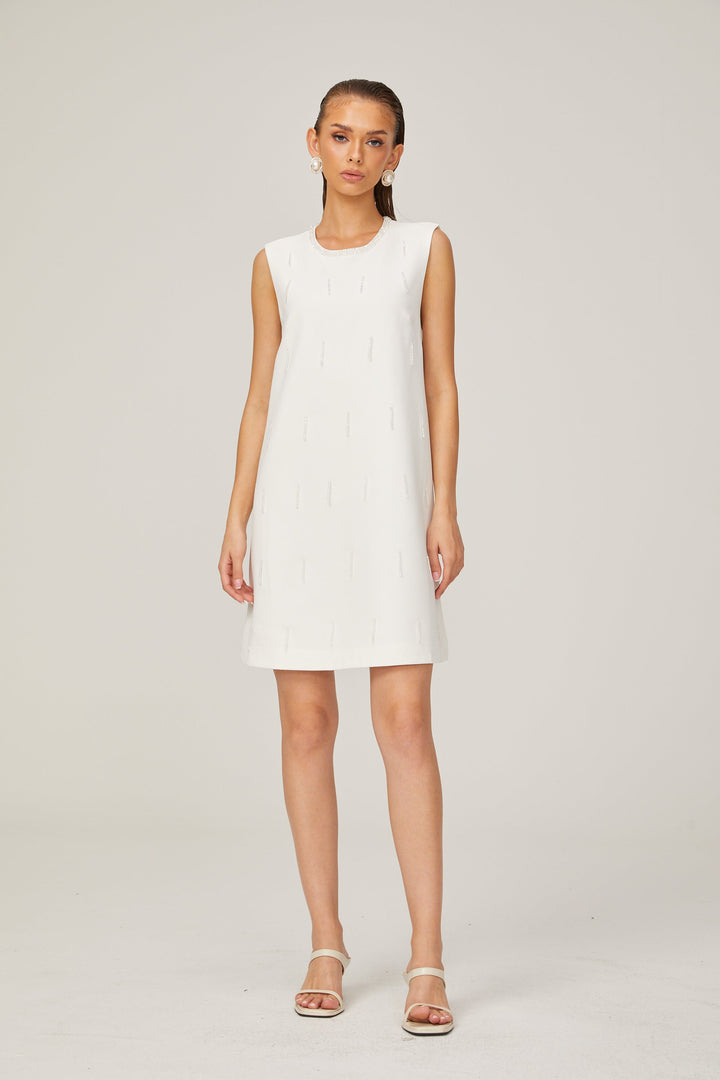 Levoire | A-Ligne Sans Manches Robe Mini En Tweed Perlée Blanche