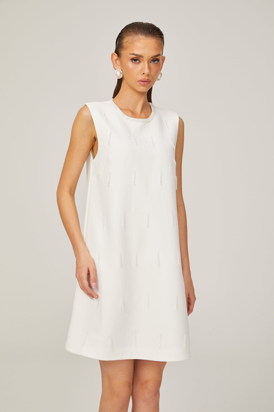 Levoire | A-Ligne Sans Manches Robe Mini En Tweed Perlée Blanche