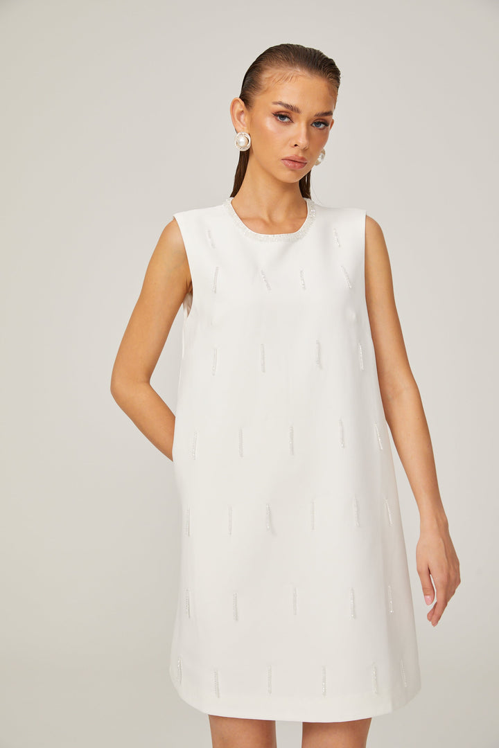 Levoire | A-Ligne Sans Manches Robe Mini En Tweed Perlée Blanche