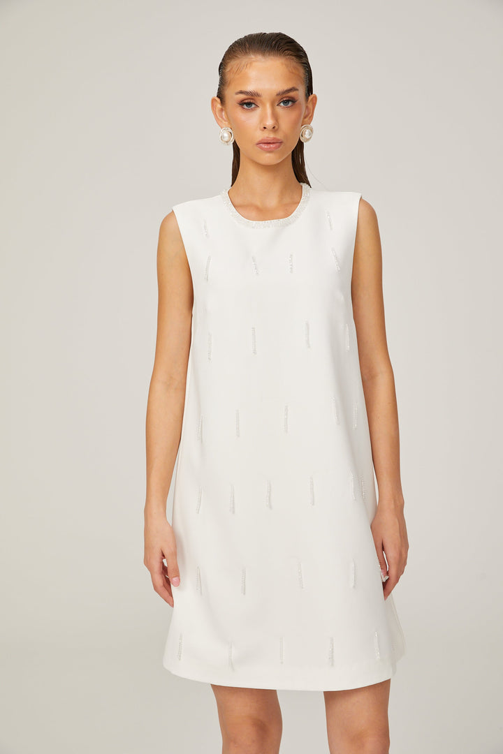 Levoire | A-Ligne Sans Manches Robe Mini En Tweed Perlée Blanche