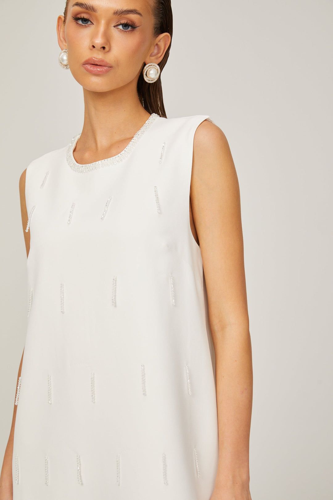 Levoire | A-Ligne Sans Manches Robe Mini En Tweed Perlée Blanche