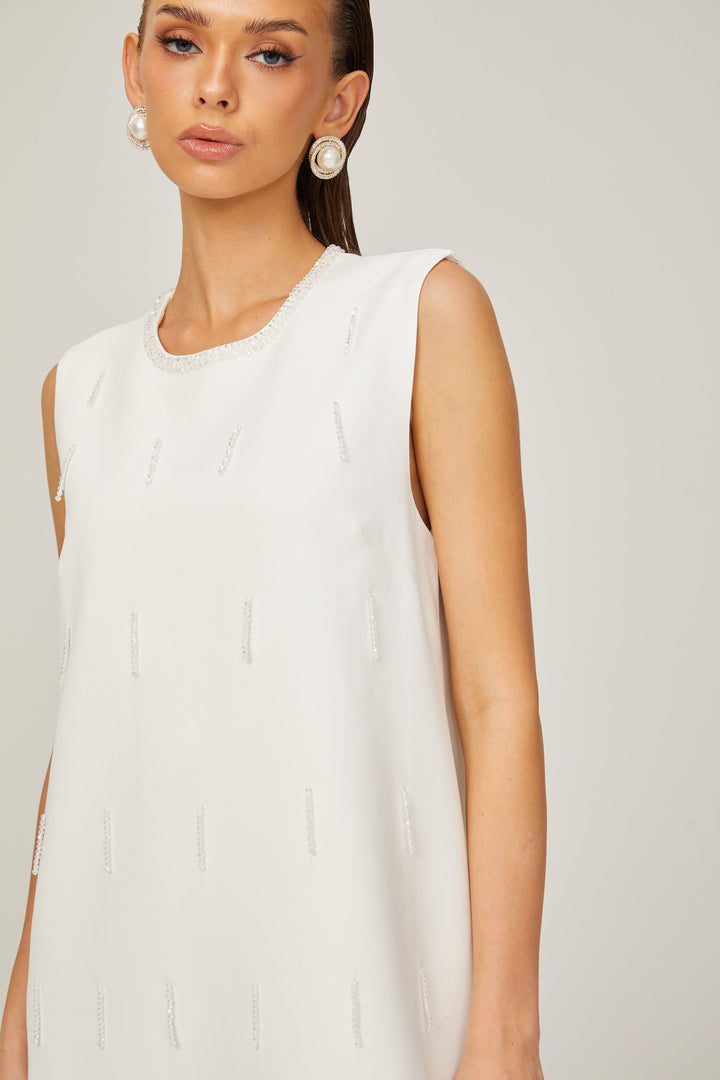 Levoire | A-Ligne Sans Manches Robe Mini En Tweed Perlée Blanche