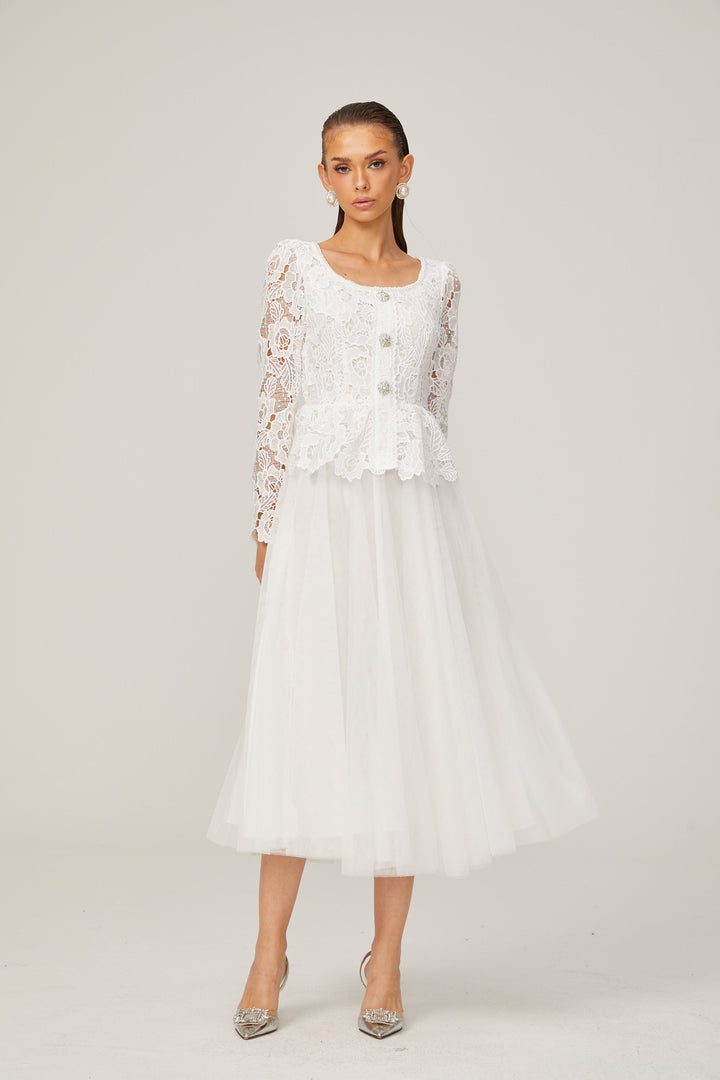 Levoire | Robe Midi En Tulle Blanche À Taille Peplum