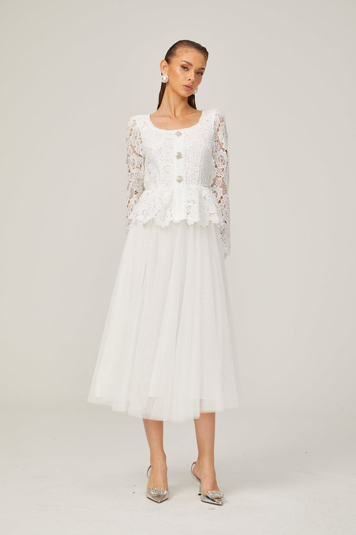 Levoire | Robe Midi En Tulle Blanche À Taille Peplum