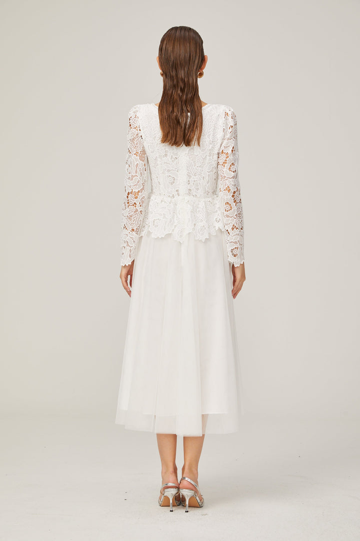 Levoire | Robe Midi En Tulle Blanche À Taille Peplum