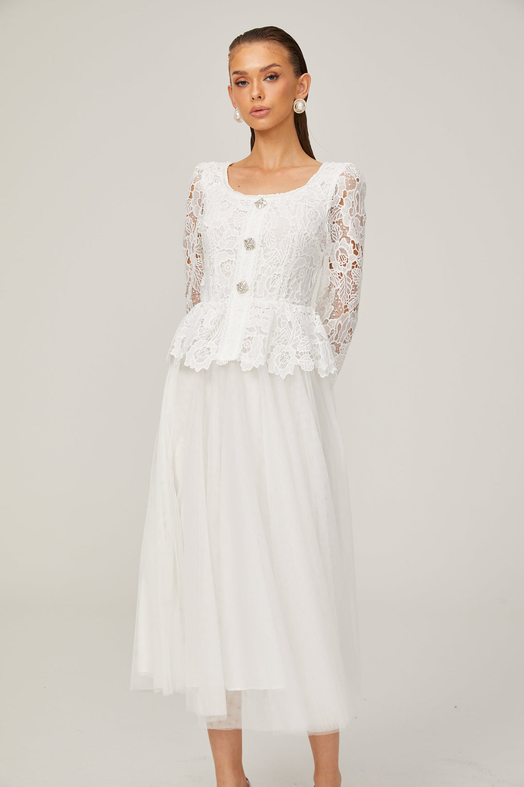 Levoire | Robe Midi En Tulle Blanche À Taille Peplum
