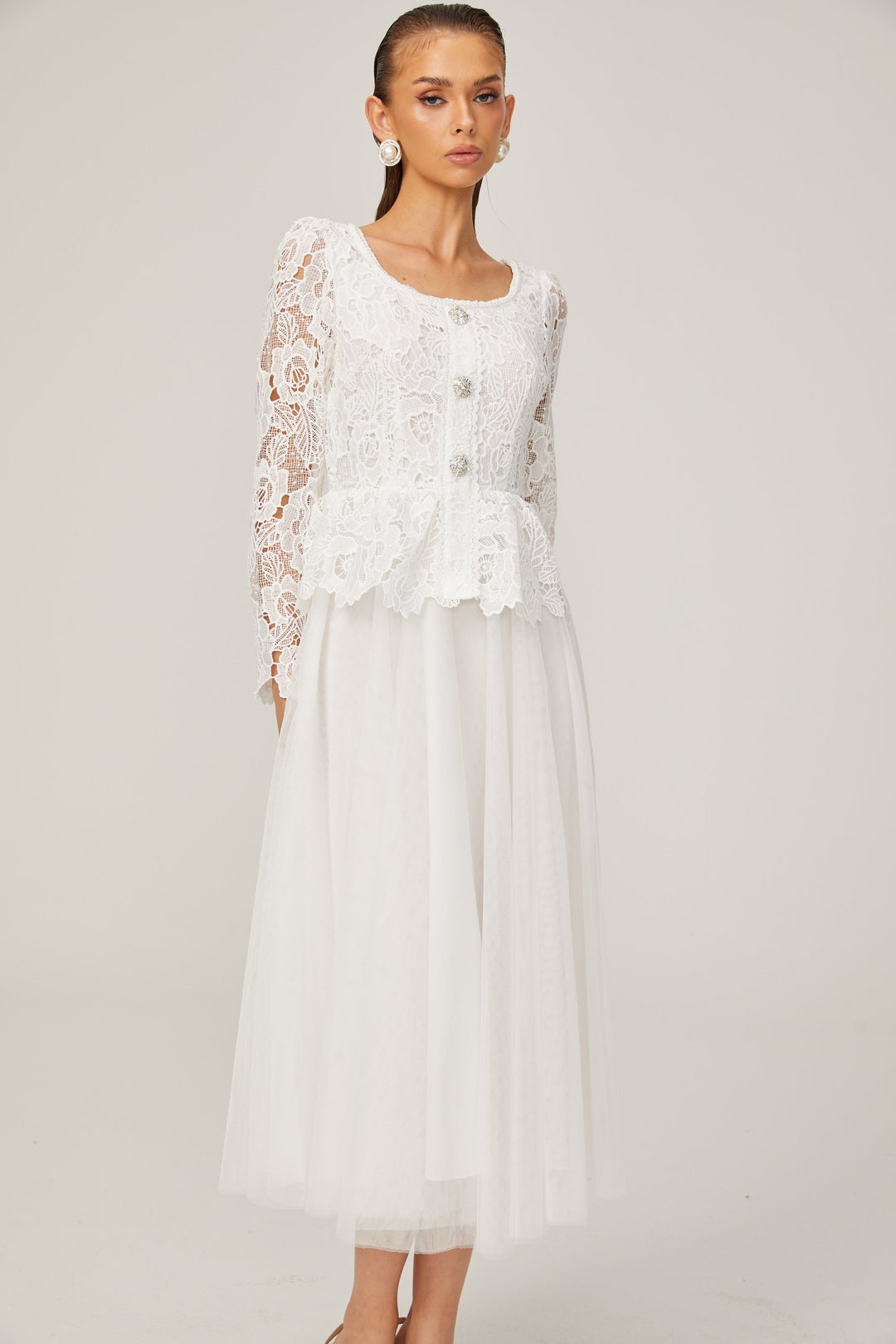 Levoire | Robe Midi En Tulle Blanche À Taille Peplum