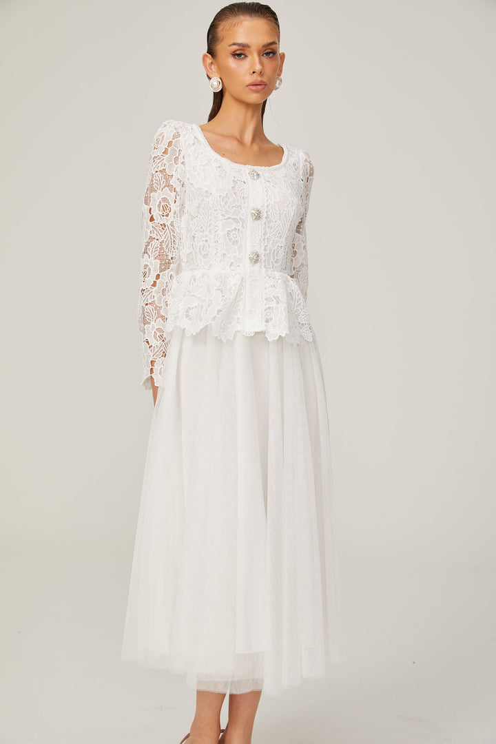 Levoire | Robe Midi En Tulle Blanche À Taille Peplum