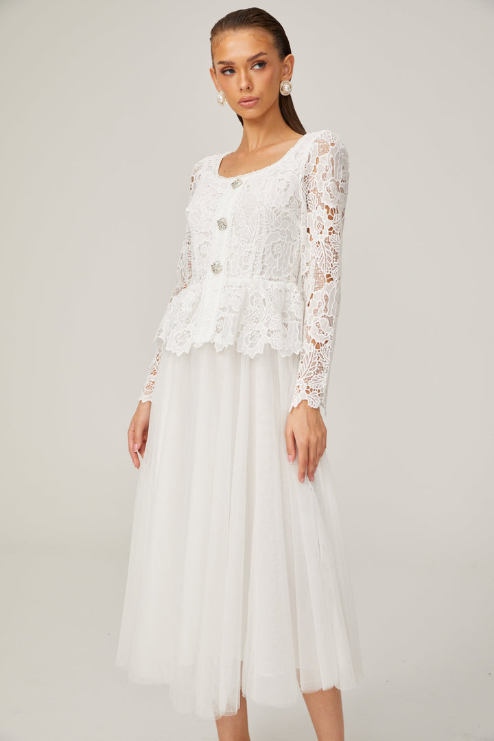 Levoire | Robe Midi En Tulle Blanche À Taille Peplum