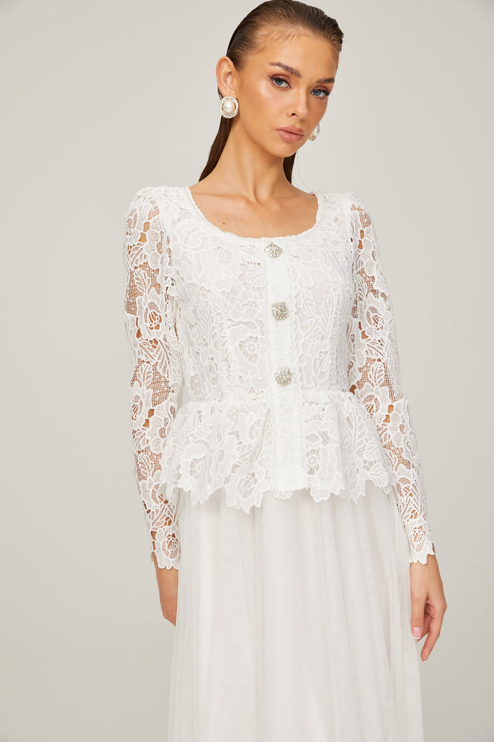 Levoire | Robe Midi En Tulle Blanche À Taille Peplum