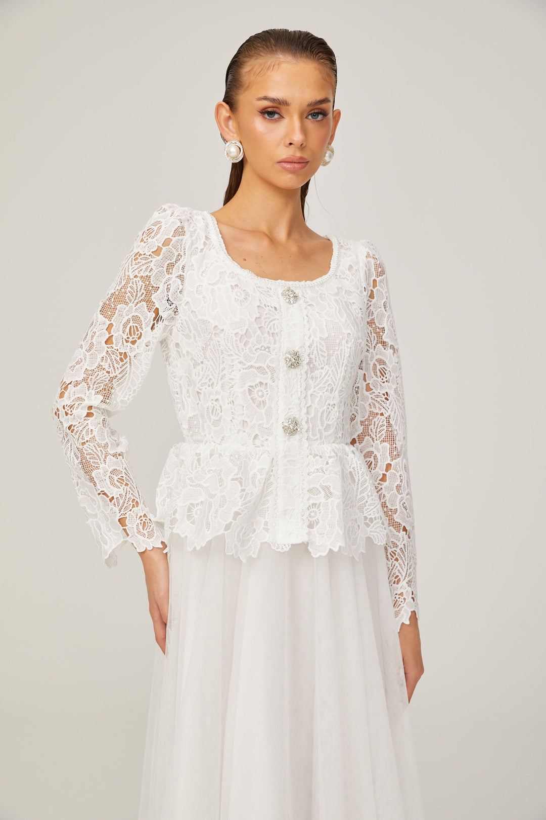 Levoire | Robe Midi En Tulle Blanche À Taille Peplum