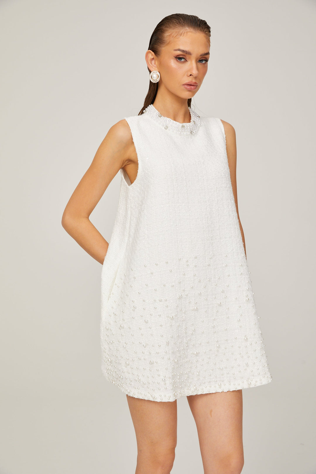 Levoire | A-Ligne Sans Manches Robe Mini En Tweed Perlée Blanche