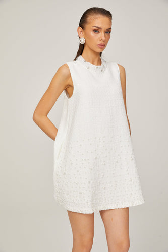 Levoire | A-Ligne Sans Manches Robe Mini En Tweed Perlée Blanche