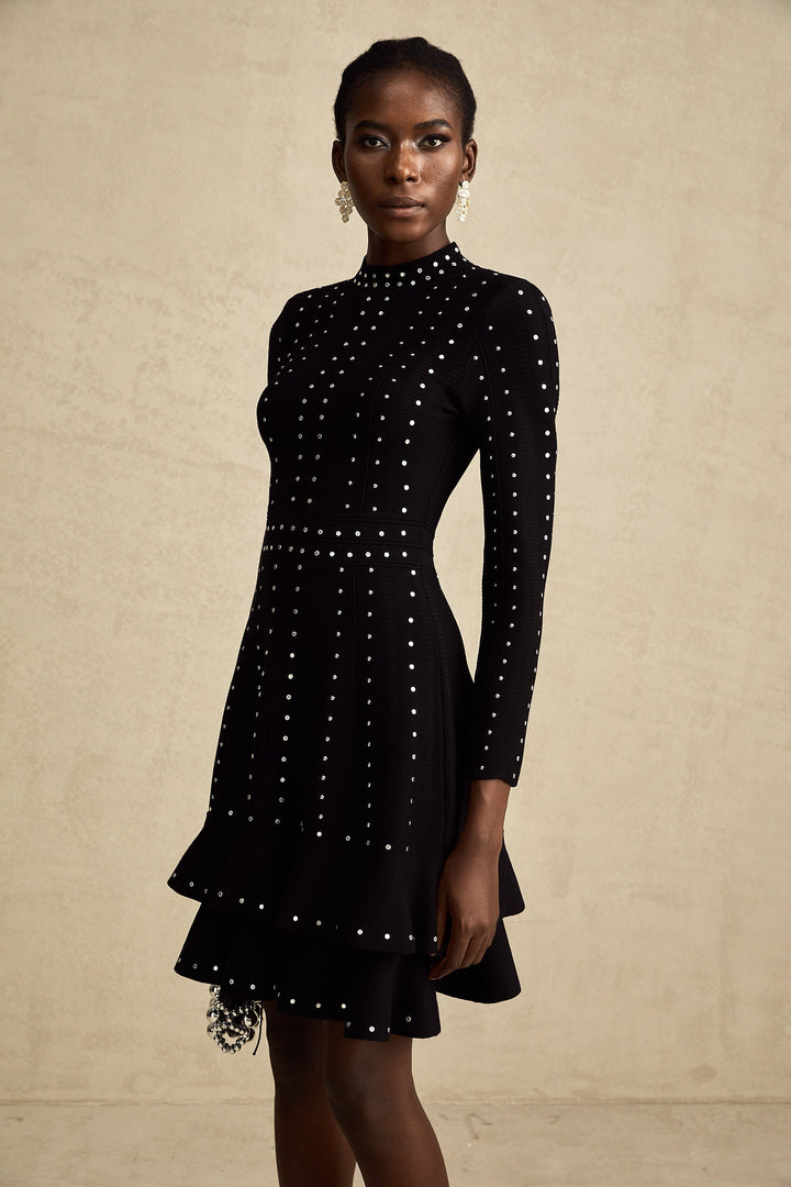 Levoire | Noir Ensemble De Volants Ornés Robe Mini Tricot