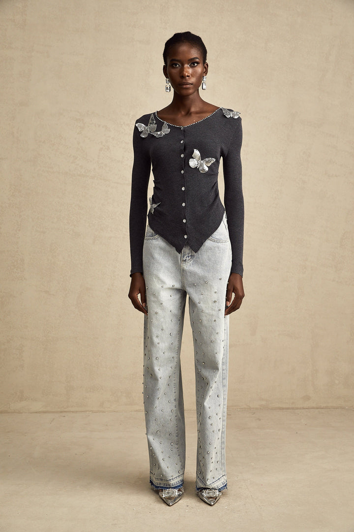 Levoire | Pull En Tricot Avec Motif Papillon En Paillettes Grises