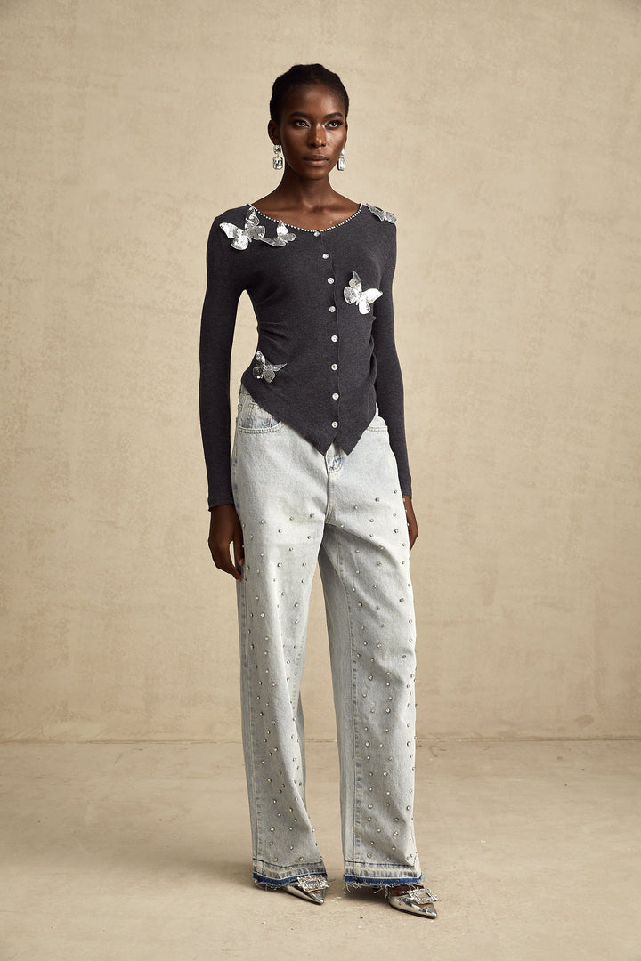 Levoire | Pull Tricot Motif Papillon En Paillettes Grises