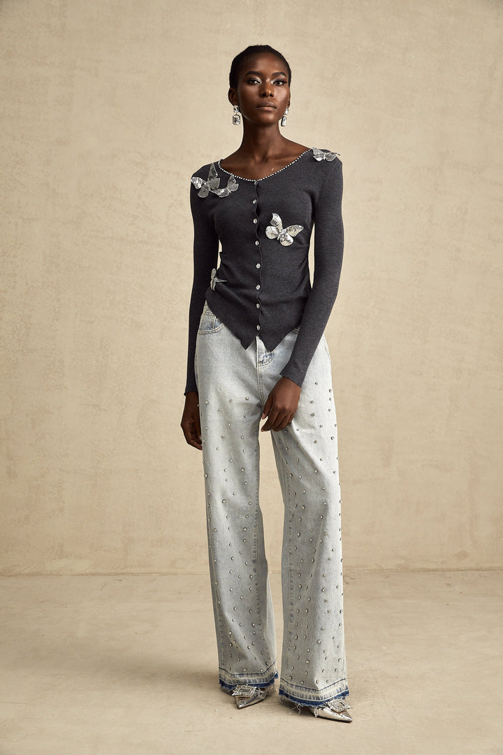 Levoire | Pull En Tricot Avec Motif Papillon En Paillettes Grises