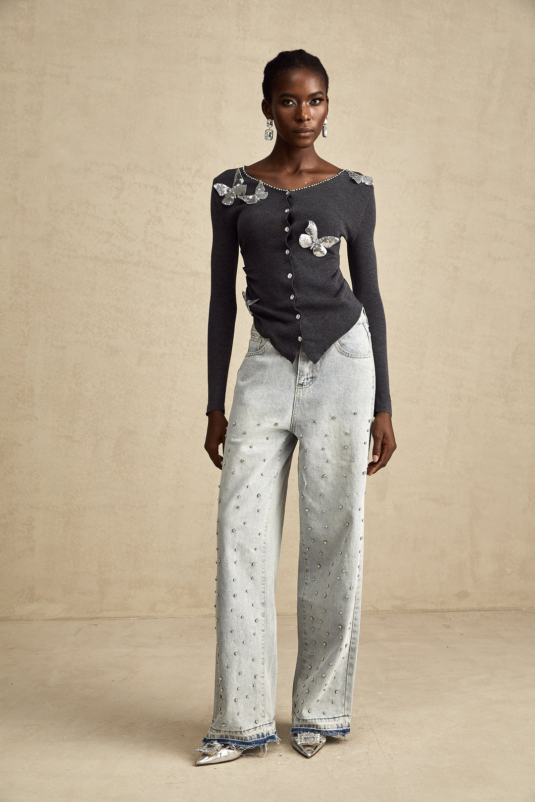 Levoire | Pull Tricot Motif Papillon En Paillettes Grises