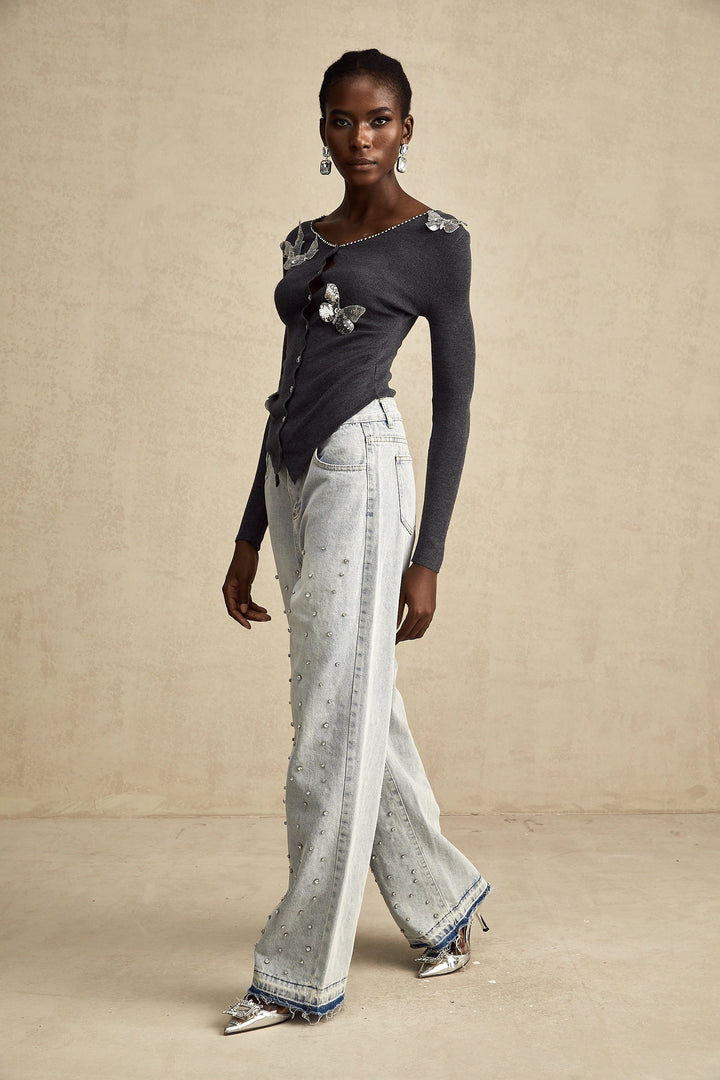 Levoire | Pull Tricot Motif Papillon En Paillettes Grises