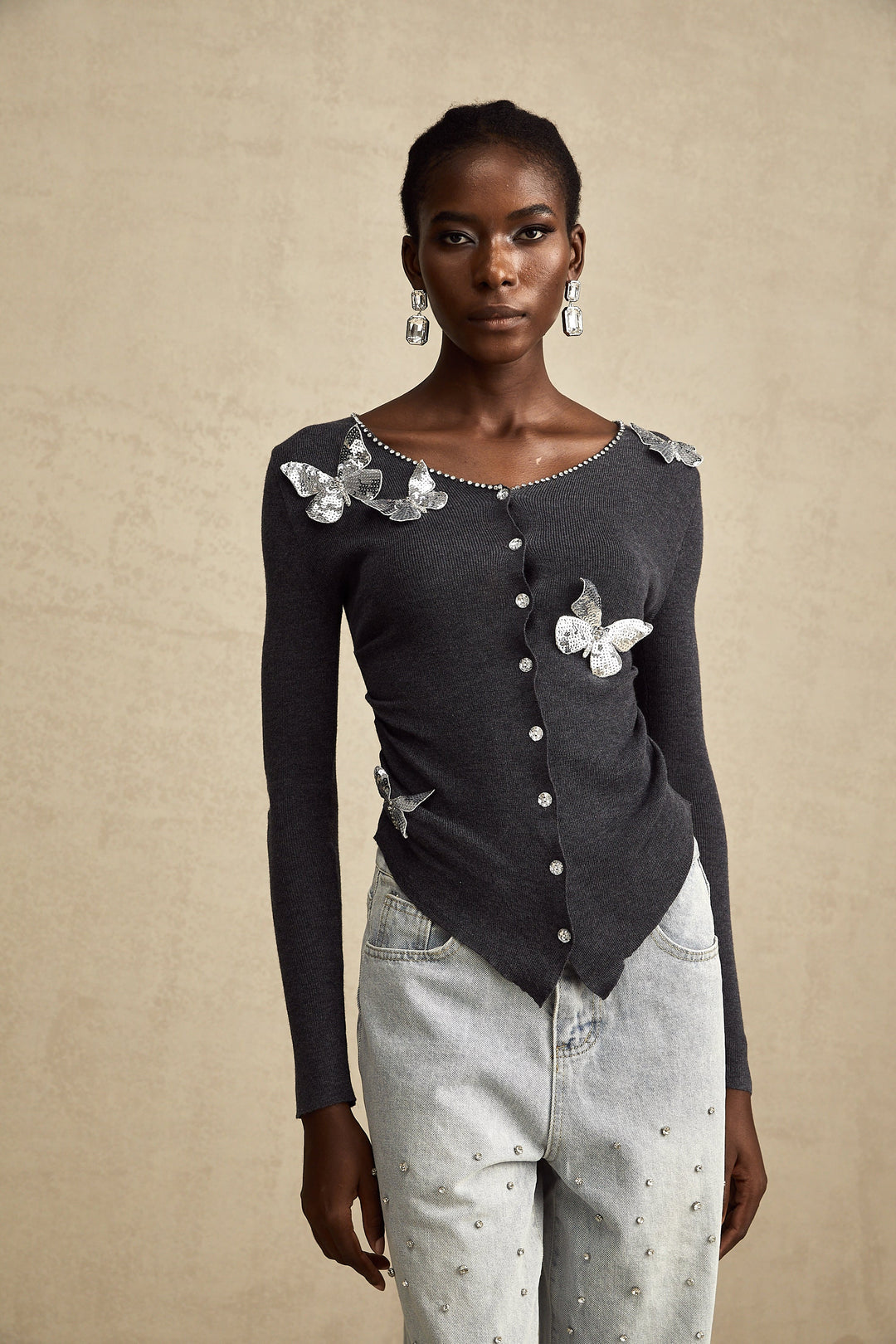 Levoire | Pull En Tricot Avec Motif Papillon En Paillettes Grises